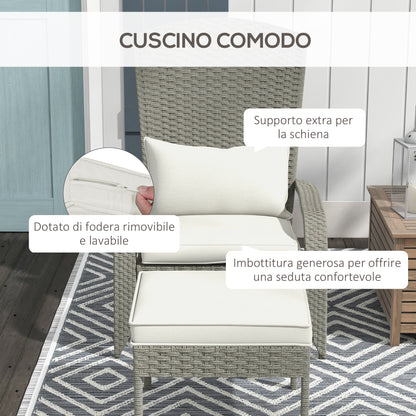 Garden Chair with Footrest, Armrests, and Padded Cushions, Adirondack Chair in Rattan and Steel, 64x82x89 cm, Gray and Cream White