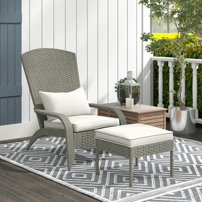 Garden Chair with Footrest, Armrests, and Padded Cushions, Adirondack Chair in Rattan and Steel, 64x82x89 cm, Gray and Cream White