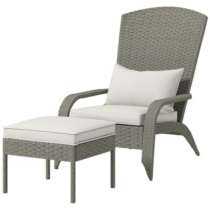 Garden Chair with Footrest, Armrests, and Padded Cushions, Adirondack Chair in Rattan and Steel, 64x82x89 cm, Gray and Cream White