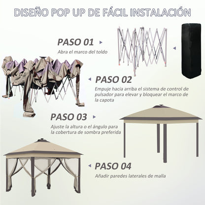 Foldable Gazebo with LED Lights 3.3x3.3 m Garden Canopy with Remote Control 4 Mesh Side Walls Adjustable Height and Carry Bag for Patio Parties Beige