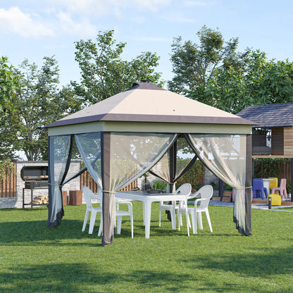 Foldable Gazebo with LED Lights 3.3x3.3 m Garden Canopy with Remote Control 4 Mesh Side Walls Adjustable Height and Carry Bag for Patio Parties Beige