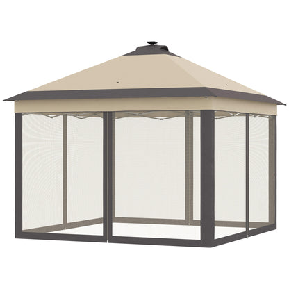 Foldable Gazebo with LED Lights 3.3x3.3 m Garden Canopy with Remote Control 4 Mesh Side Walls Adjustable Height and Carry Bag for Patio Parties Beige