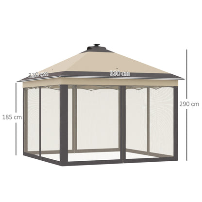 Foldable Gazebo with LED Lights 3.3x3.3 m Garden Canopy with Remote Control 4 Mesh Side Walls Adjustable Height and Carry Bag for Patio Parties Beige