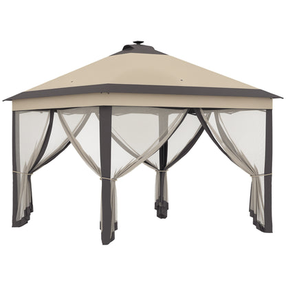 Foldable Gazebo with LED Lights 3.3x3.3 m Garden Canopy with Remote Control 4 Mesh Side Walls Adjustable Height and Carry Bag for Patio Parties Beige