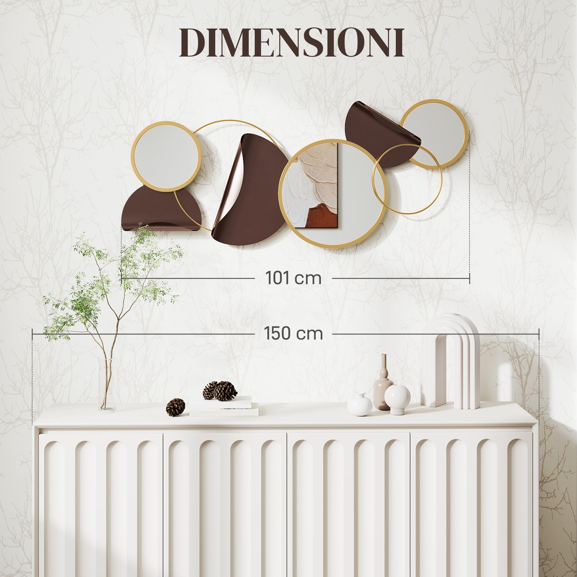 Wall Mirror with 3D Metal Decoration, Modern Mirror for Living Room, Entryway, and Bedroom, 101x41.5 cm, Gold
