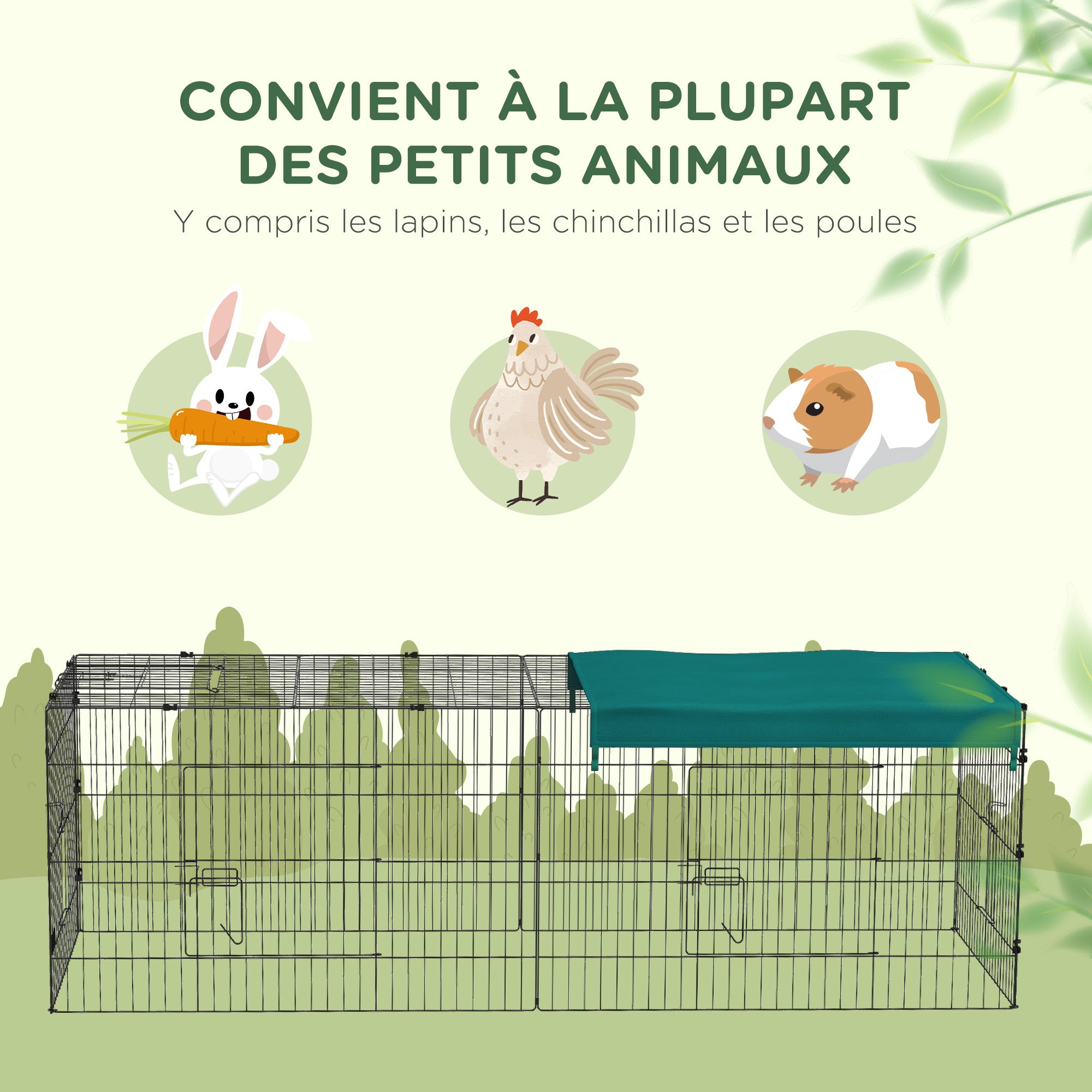 Modular Steel Enclosure with Cover for Rabbits Rodents Small Animals Indoor Outdoor 220L x 85W x 70H cm Green