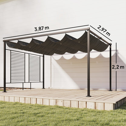 Pergola 3.87 x 2.97 m Patio Cover with Retractable Roof, 2 Privacy Panels, UV50+, Freestanding with Drainage Holes — Dark Gray