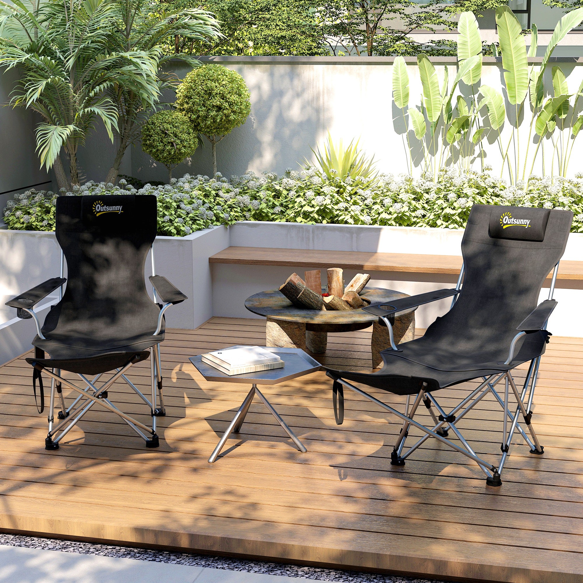 Set of 2 Folding Camping Chairs with Removable Footrest, Drink Holder, Headrest, Garden Chair, Supports 120kg, Lounger for Adults, Folding Chair, Beach Chair, Camping Chairs