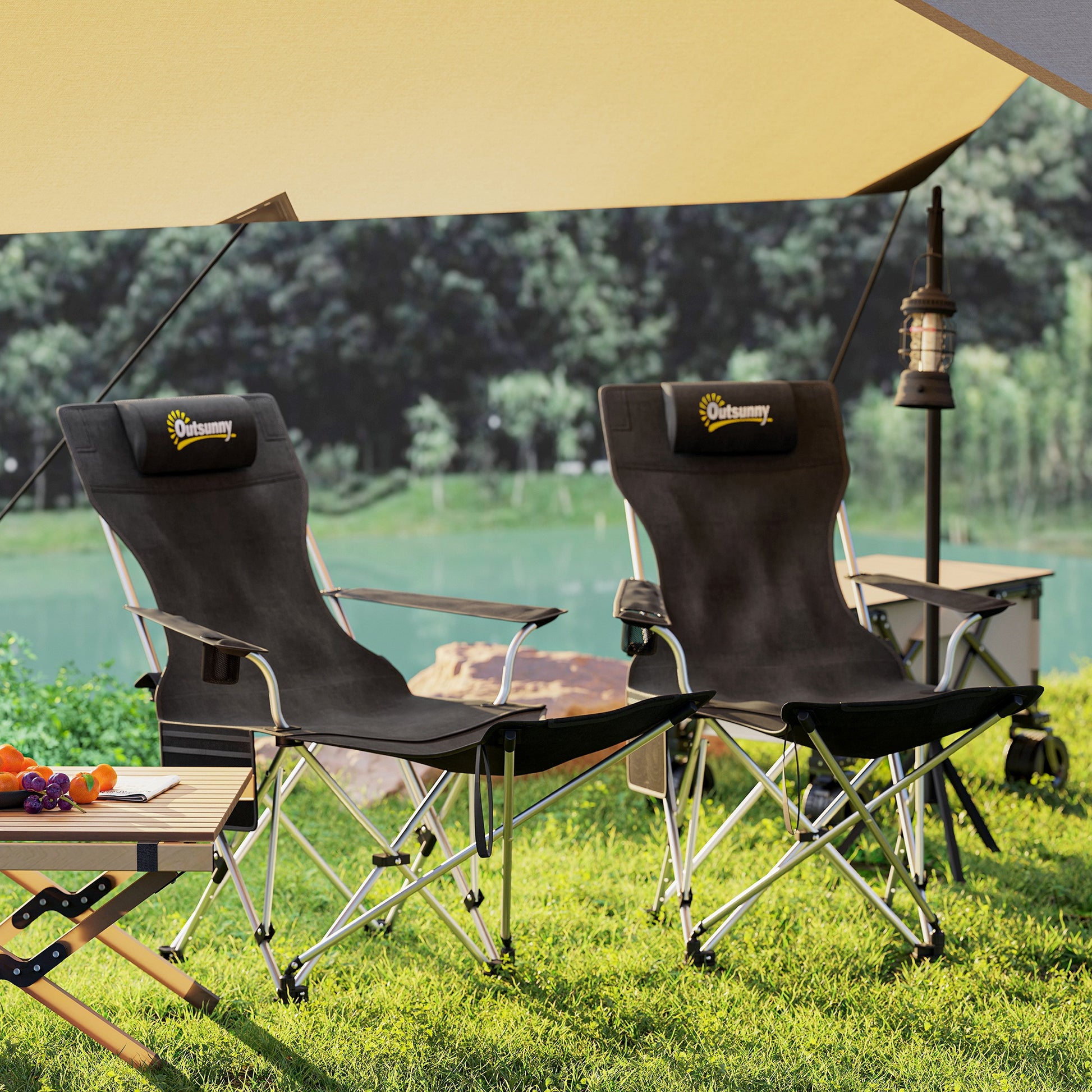 Set of 2 Folding Camping Chairs with Removable Footrest, Drink Holder, Headrest, Garden Chair, Supports 120kg, Lounger for Adults, Folding Chair, Beach Chair, Camping Chairs