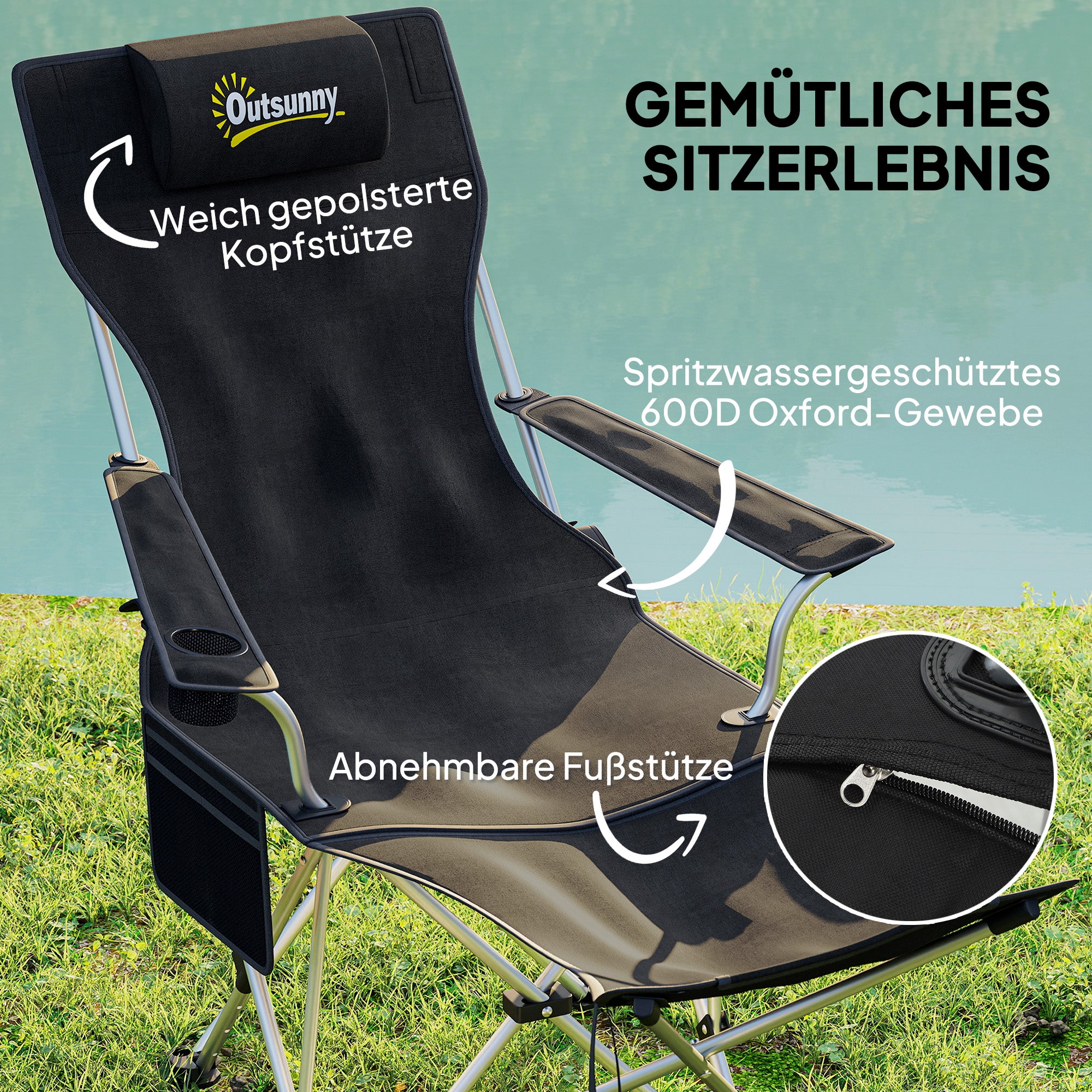 Set of 2 Folding Camping Chairs with Removable Footrest, Drink Holder, Headrest, Garden Chair, Supports 120kg, Lounger for Adults, Folding Chair, Beach Chair, Camping Chairs