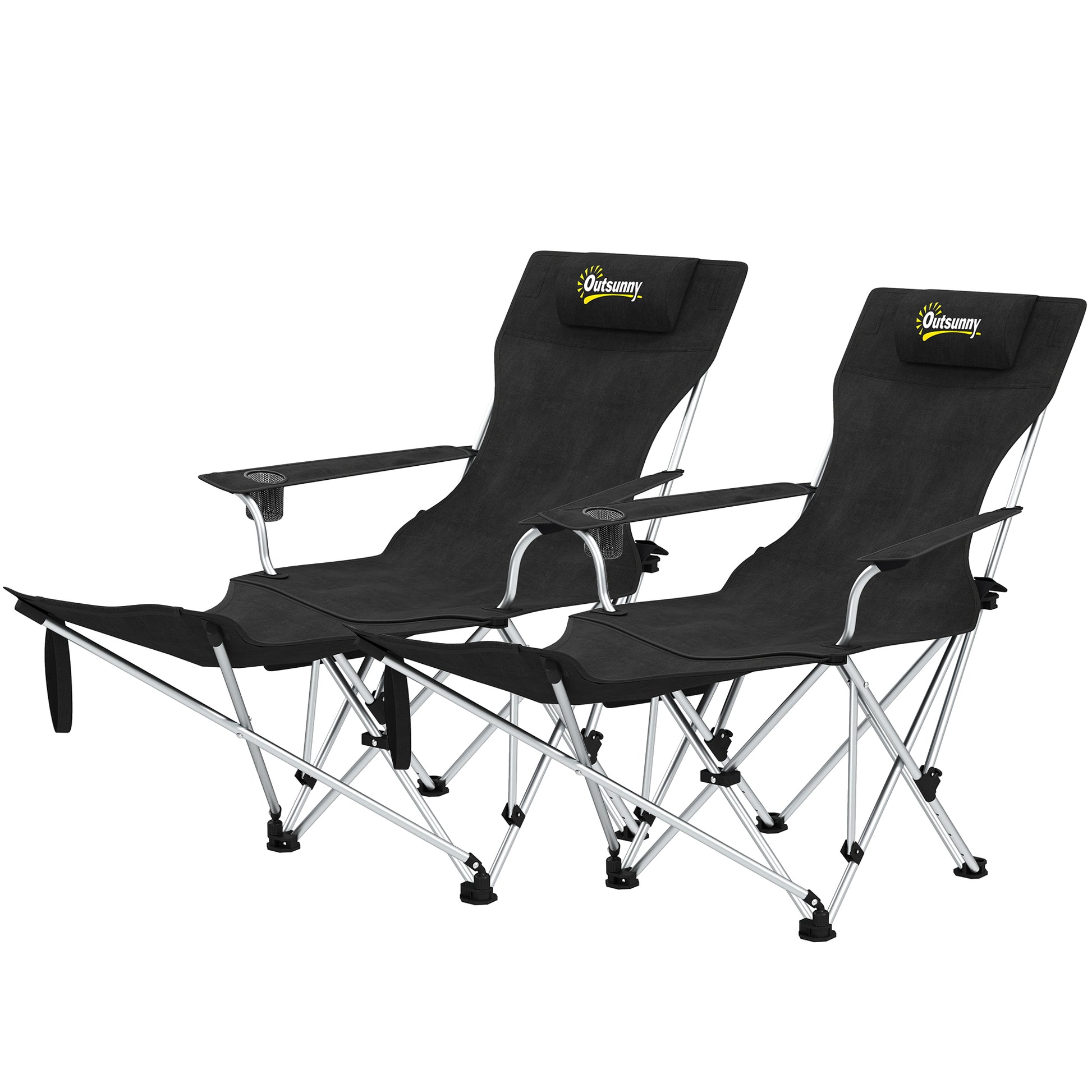 Set of 2 Folding Camping Chairs with Removable Footrest, Drink Holder, Headrest, Garden Chair, Supports 120kg, Lounger for Adults, Folding Chair, Beach Chair, Camping Chairs