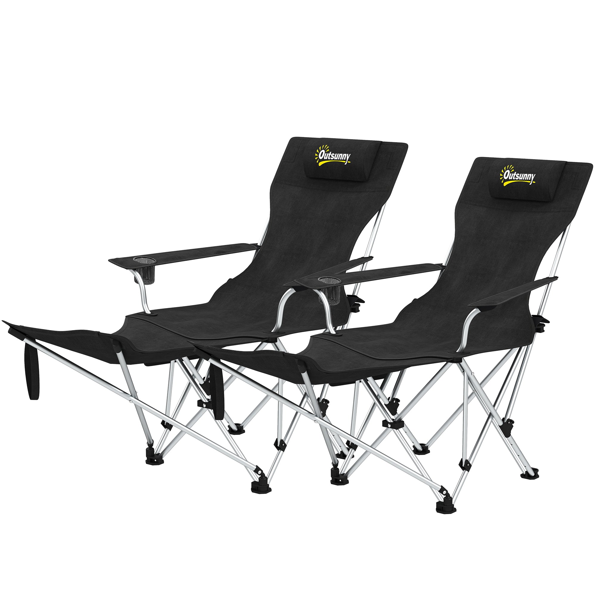 Set of 2 Folding Camping Chairs with Removable Footrest, Drink Holder, Headrest, Garden Chair, Supports 120kg, Lounger for Adults, Folding Chair, Beach Chair, Camping Chairs
