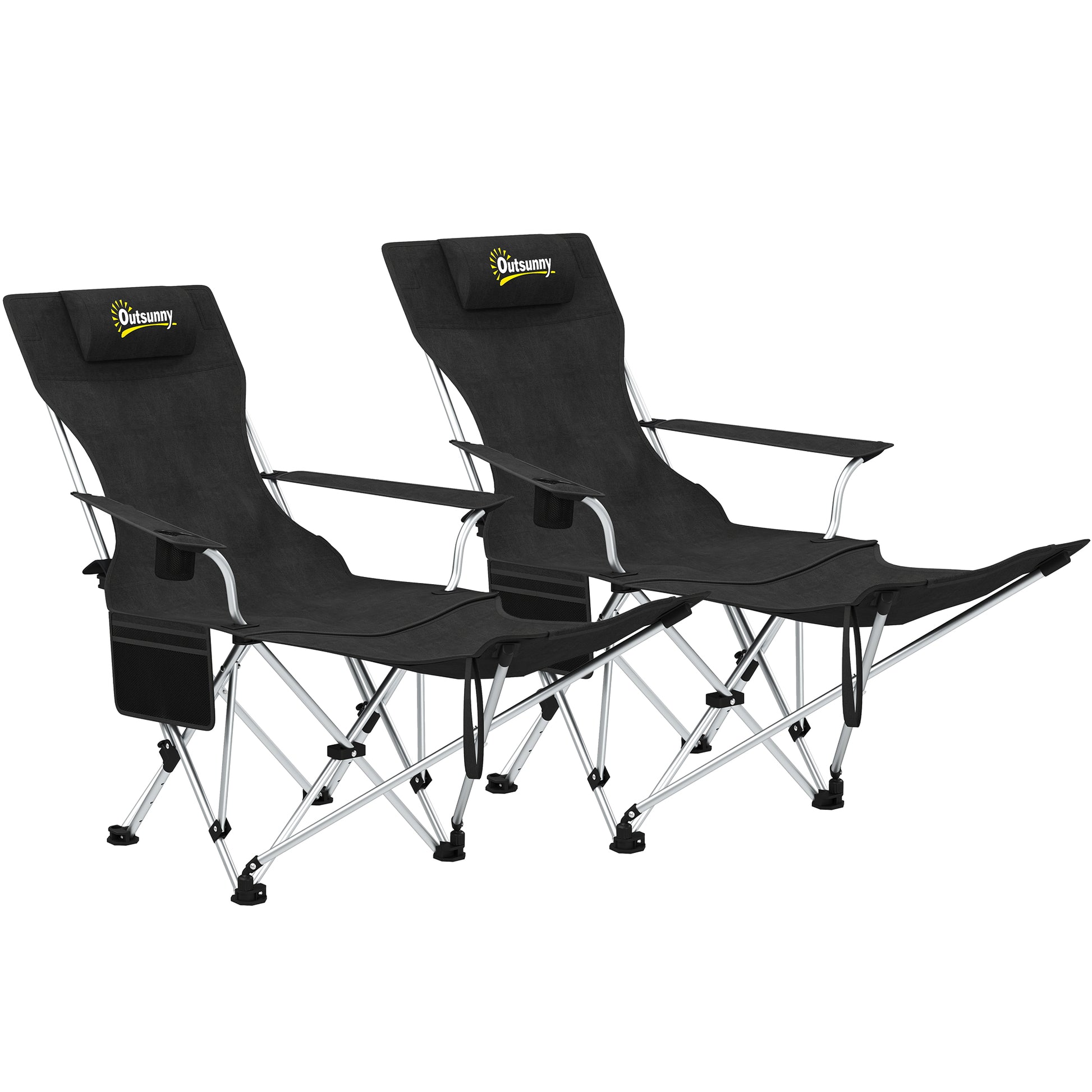 Set of 2 Folding Camping Chairs with Removable Footrest, Drink Holder, Headrest, Garden Chair, Supports 120kg, Lounger for Adults, Folding Chair, Beach Chair, Camping Chairs