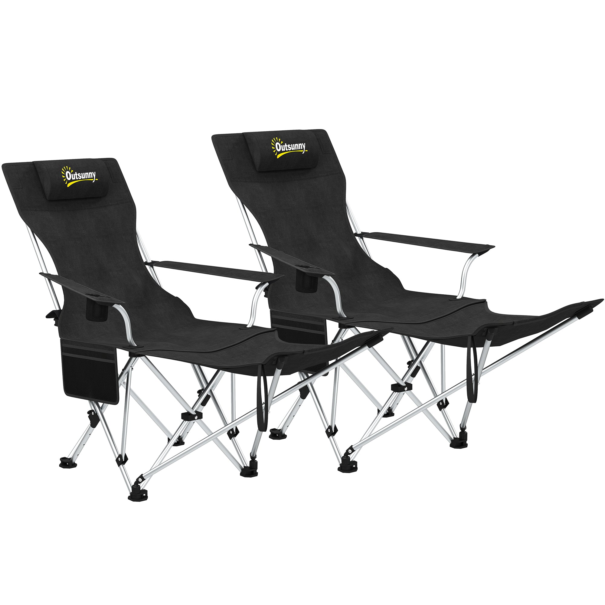 Set of 2 Folding Camping Chairs with Removable Footrest, Drink Holder, Headrest, Garden Chair, Supports 120kg, Lounger for Adults, Folding Chair, Beach Chair, Camping Chairs