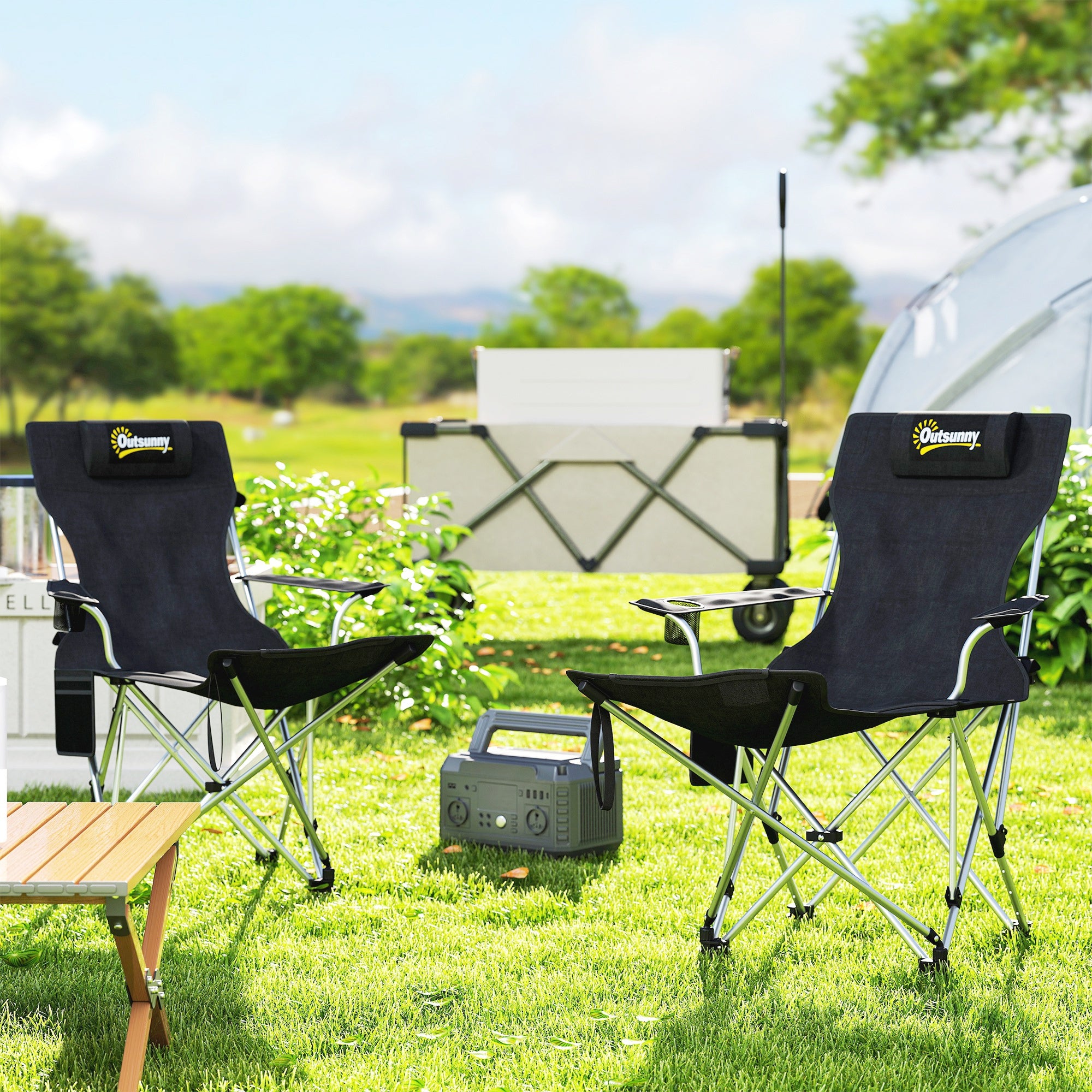 Set of 2 Folding Camping Chairs with Removable Footrest, Drink Holder, Headrest, Garden Chair, Supports 120kg, Lounger for Adults, Folding Chair, Beach Chair, Camping Chairs