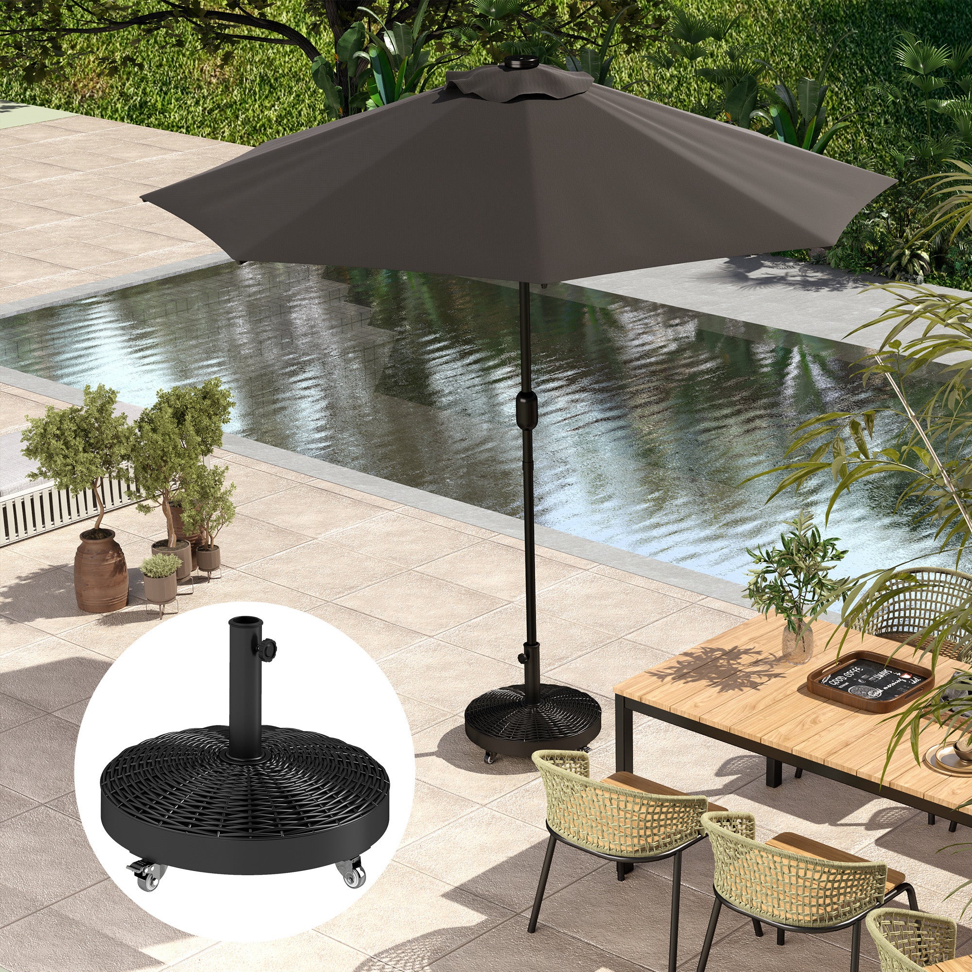 Round Umbrella Base Umbrella Stand with Wheels Umbrella Stand with 25 kg Cement Filling for Garden Terrace Black