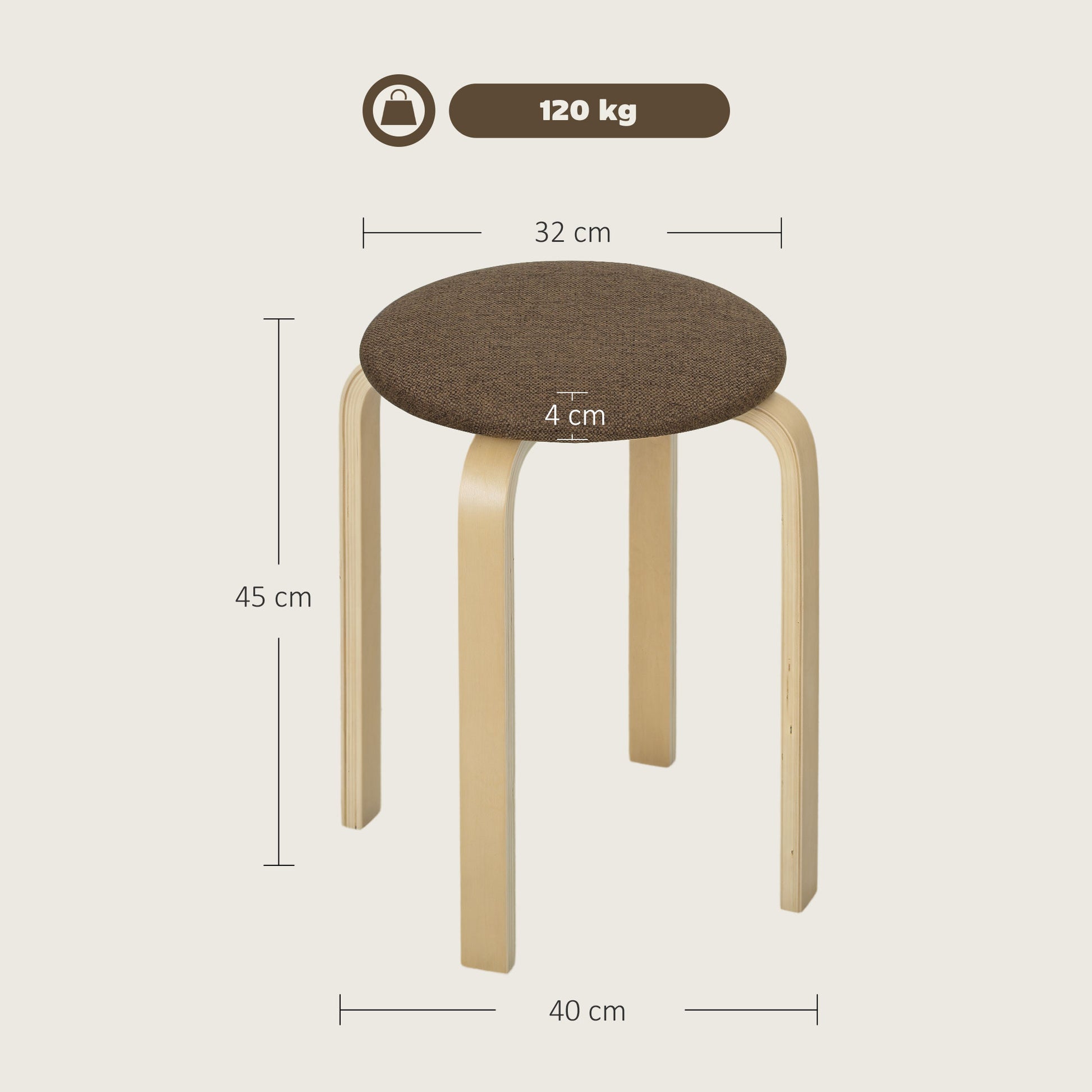 Set of 4 Stackable Round Wooden Stools with Padded Seat for Dining Room Bedroom Office Living Room Brown and Natural