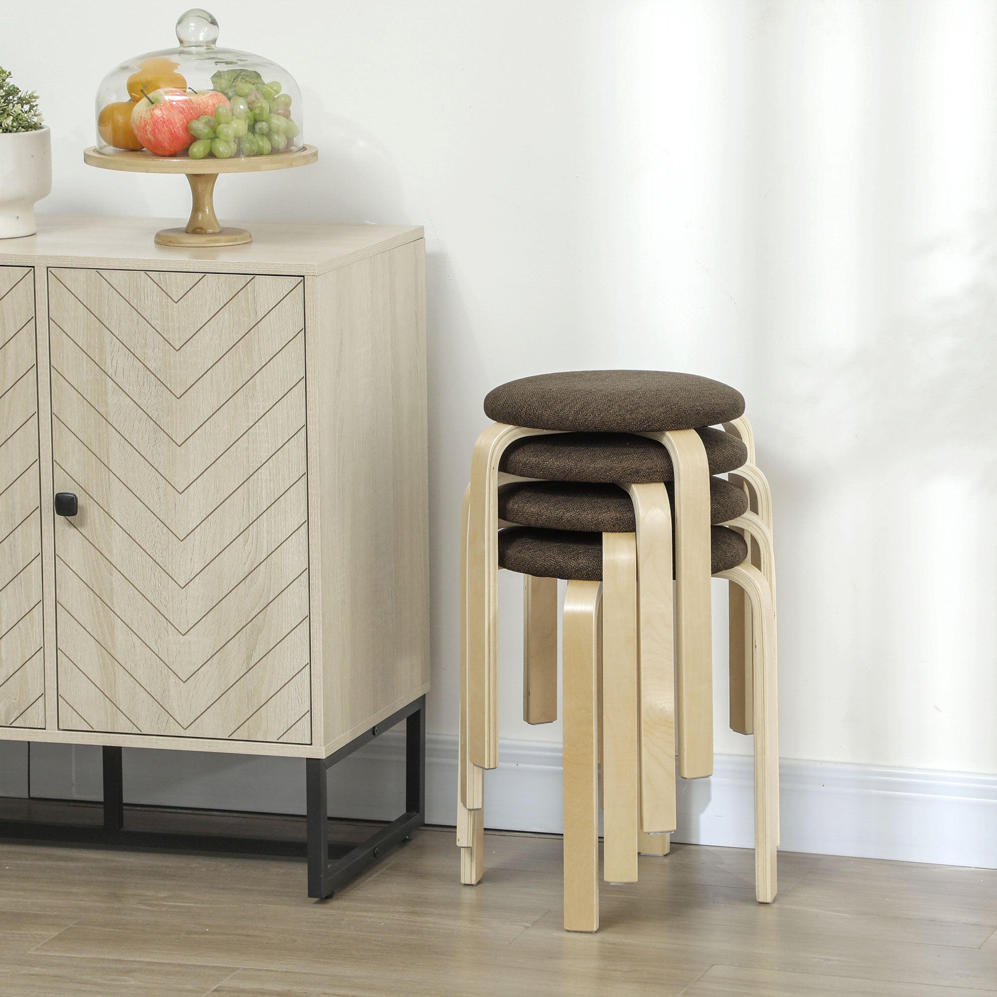 Set of 4 Stackable Round Wooden Stools with Padded Seat for Dining Room Bedroom Office Living Room Brown and Natural