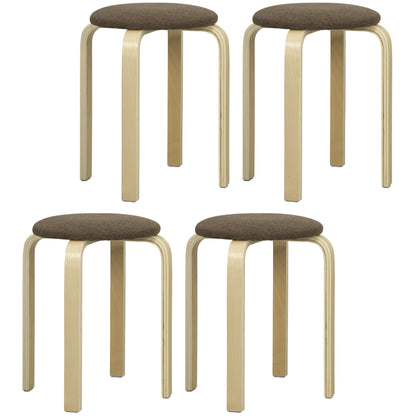 Set of 4 Stackable Round Wooden Stools with Padded Seat for Dining Room Bedroom Office Living Room Brown and Natural