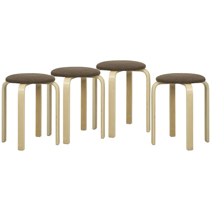 Set of 4 Stackable Round Wooden Stools with Padded Seat for Dining Room Bedroom Office Living Room Brown and Natural