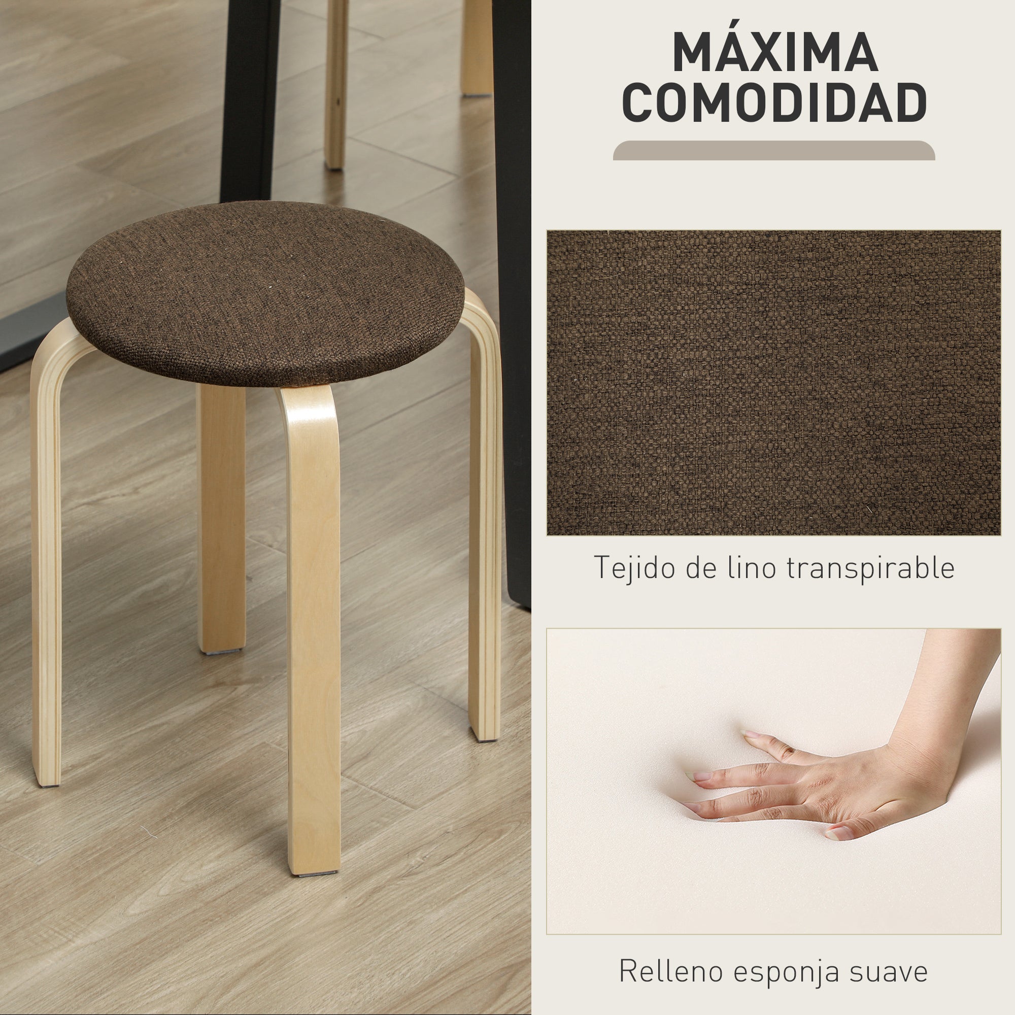 Set of 4 Stackable Round Wooden Stools with Padded Seat for Dining Room Bedroom Office Living Room Brown and Natural