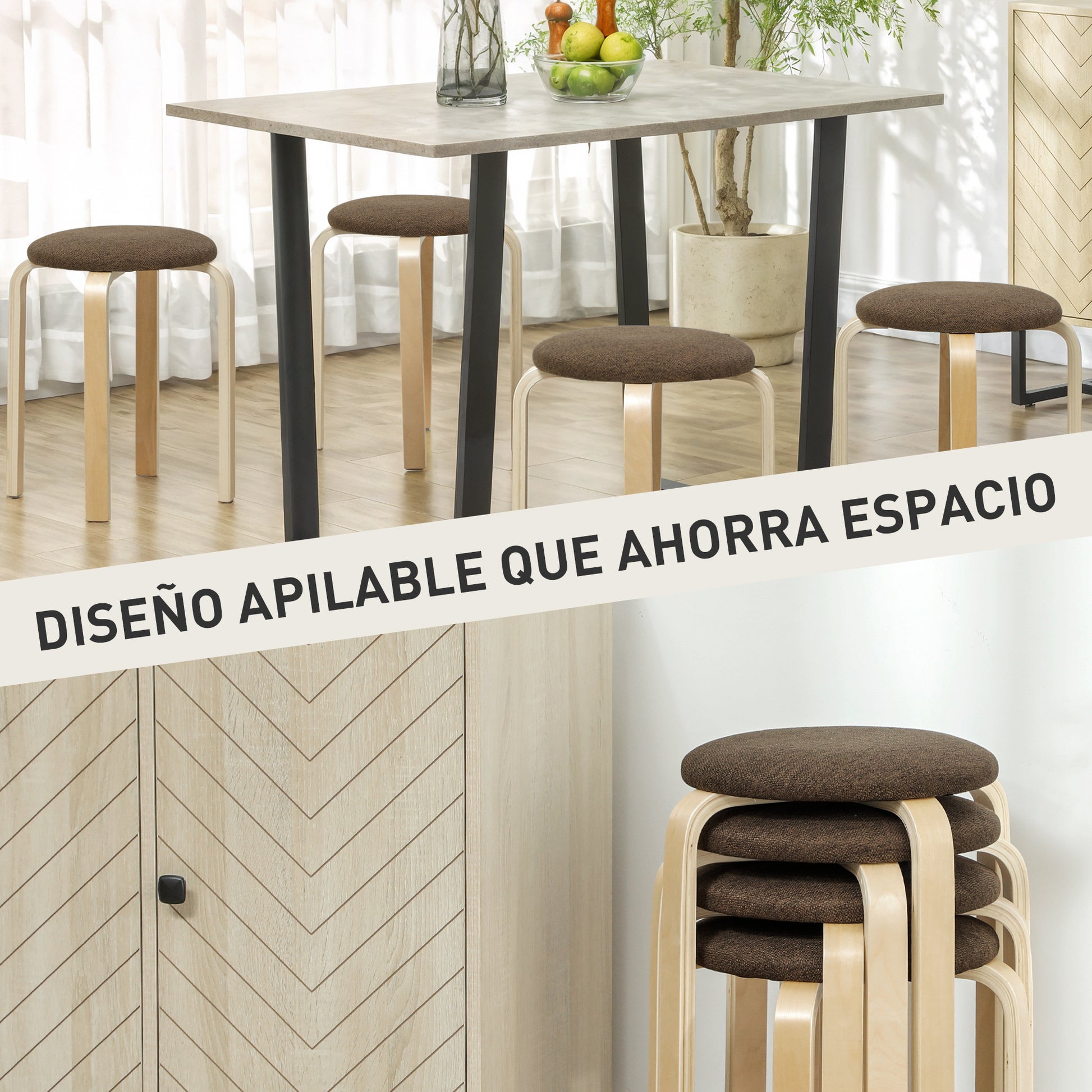 Set of 4 Stackable Round Wooden Stools with Padded Seat for Dining Room Bedroom Office Living Room Brown and Natural