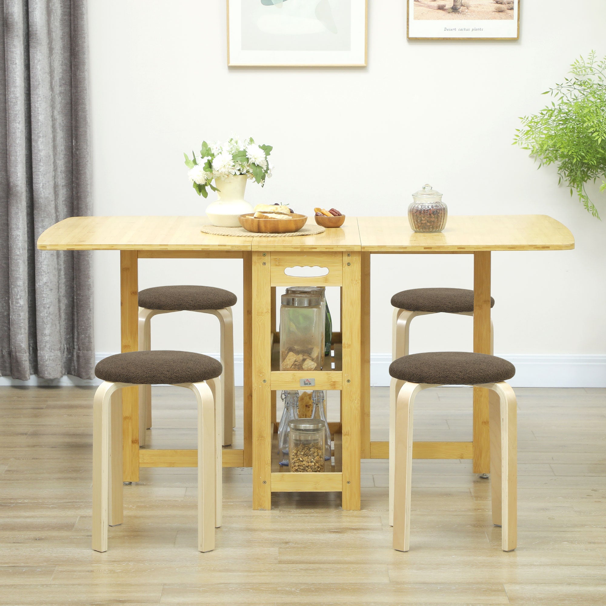 Set of 4 Stackable Round Wooden Stools with Padded Seat for Dining Room Bedroom Office Living Room Brown and Natural