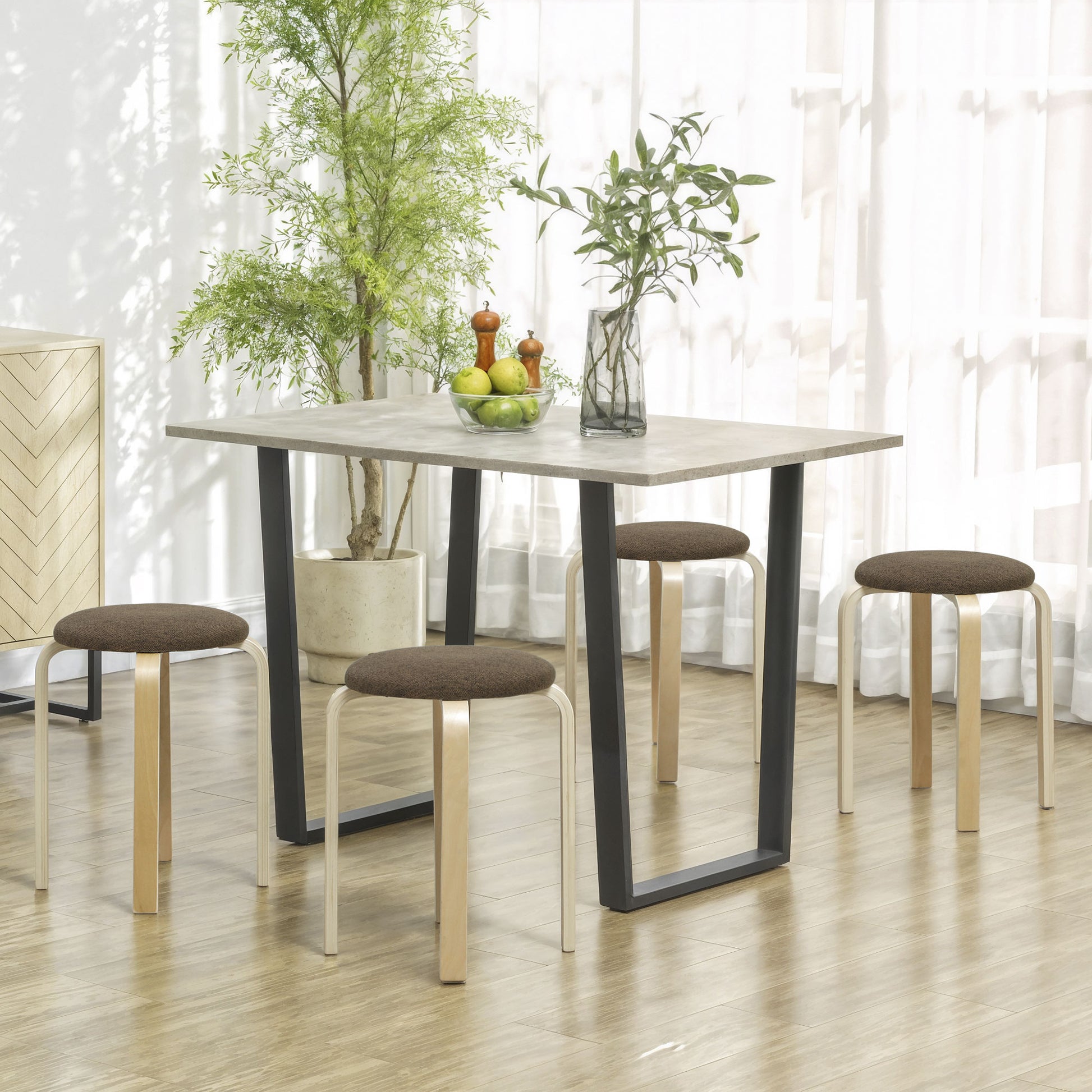 Set of 4 Stackable Round Wooden Stools with Padded Seat for Dining Room Bedroom Office Living Room Brown and Natural