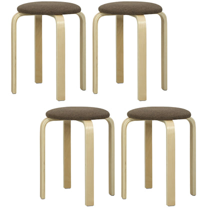 Set of 4 Stackable Round Wooden Stools with Padded Seat for Dining Room Bedroom Office Living Room Brown and Natural