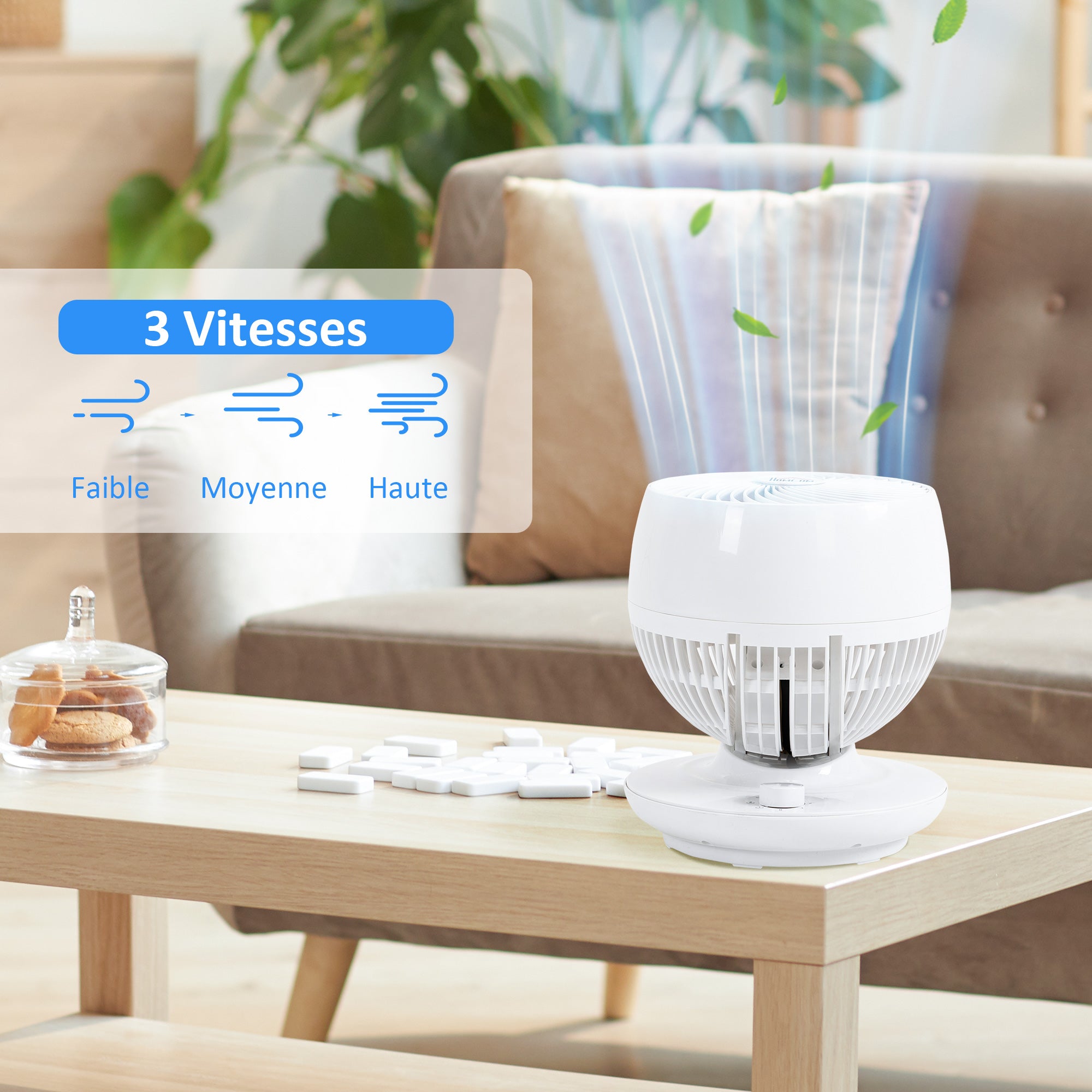 Mini Table Fan, Powerful Silent 45W Fan, 3 Speeds, 70° Multi-Directional Oscillation, 90° Tilt, Air Circulation Fan for Bedroom, Living Room, White