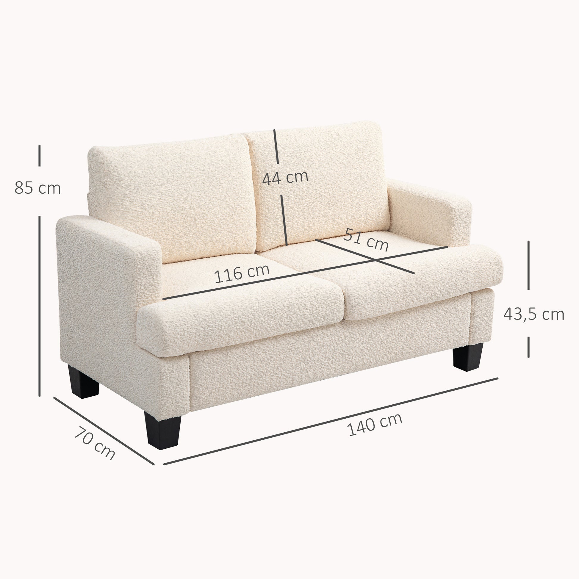 2-Seater Modern Style Sofa 140 cm with Removable Back Cushions and Armrests, Mini Couch for Bedroom, Apartment, Small Space, Beige
