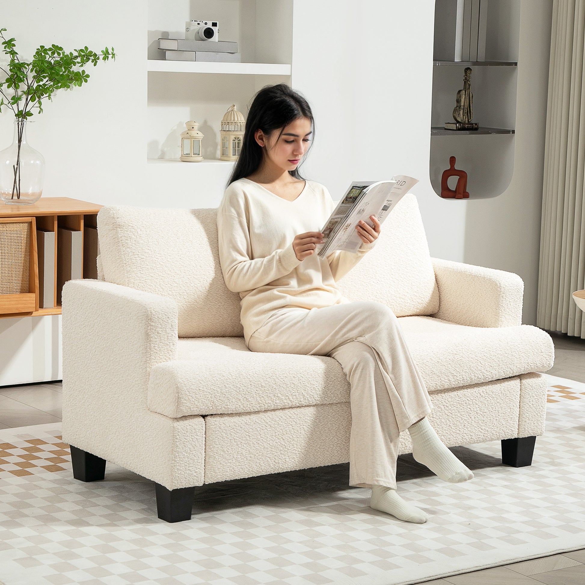 2-Seater Modern Style Sofa 140 cm with Removable Back Cushions and Armrests, Mini Couch for Bedroom, Apartment, Small Space, Beige