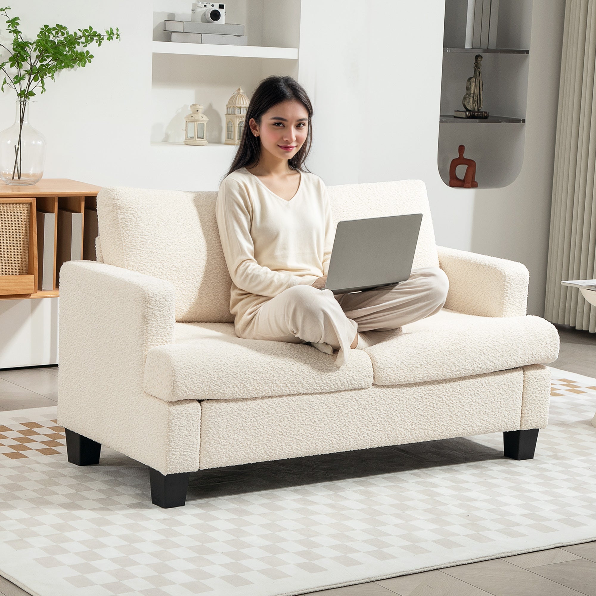 2-Seater Modern Style Sofa 140 cm with Removable Back Cushions and Armrests, Mini Couch for Bedroom, Apartment, Small Space, Beige