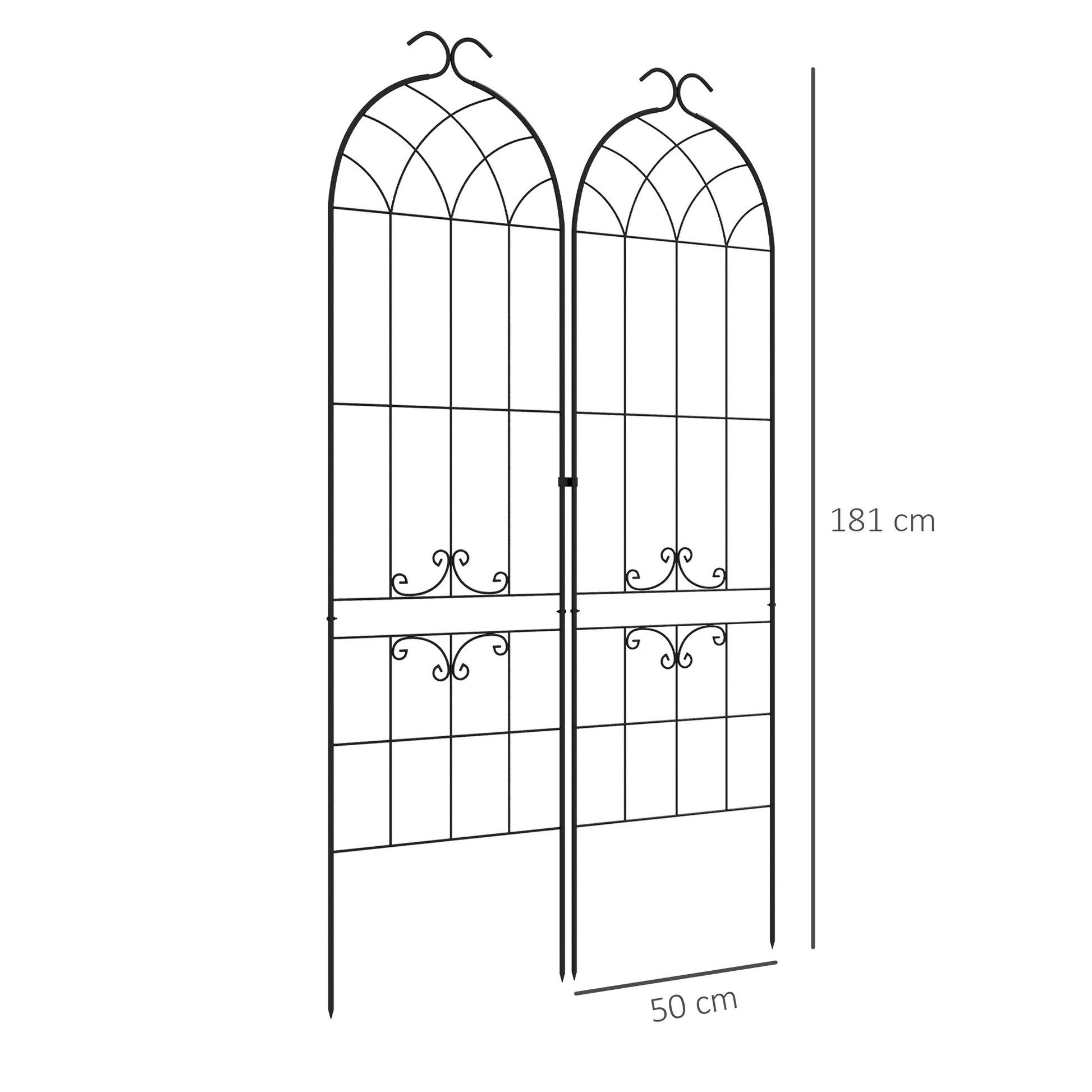 Set of 2 garden trellises, metal climbing plant support, 50W x 181H cm, black