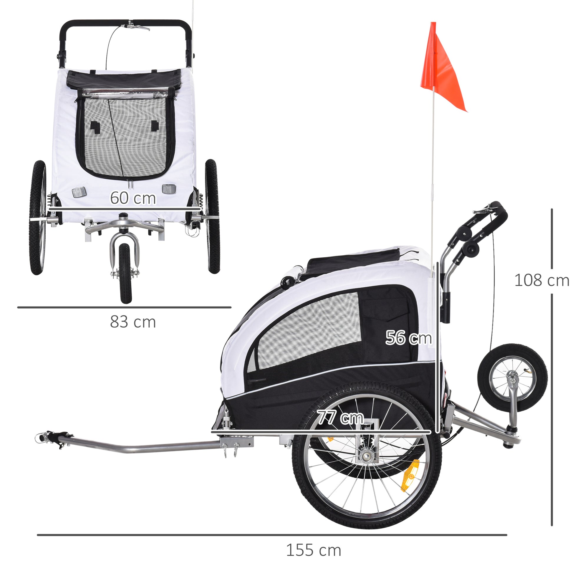 2-in-1 Dog Trailer Jogger Bike Trailer Dogs Dog Bike Trailer White+Black 155 x 83 x 108 cm