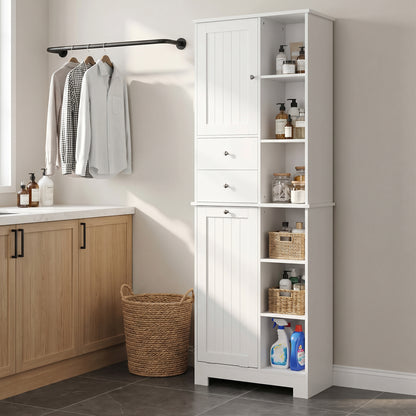 Narrow Bathroom Cabinet, Tall Storage with Pull-Out Laundry Basket, Open Shelf, 2 Drawers and Soft-Close Doors for Bathroom & Kitchen, White, 23.6 x 11.3 x 67.3 in (60 x 28.8 x 171 cm)