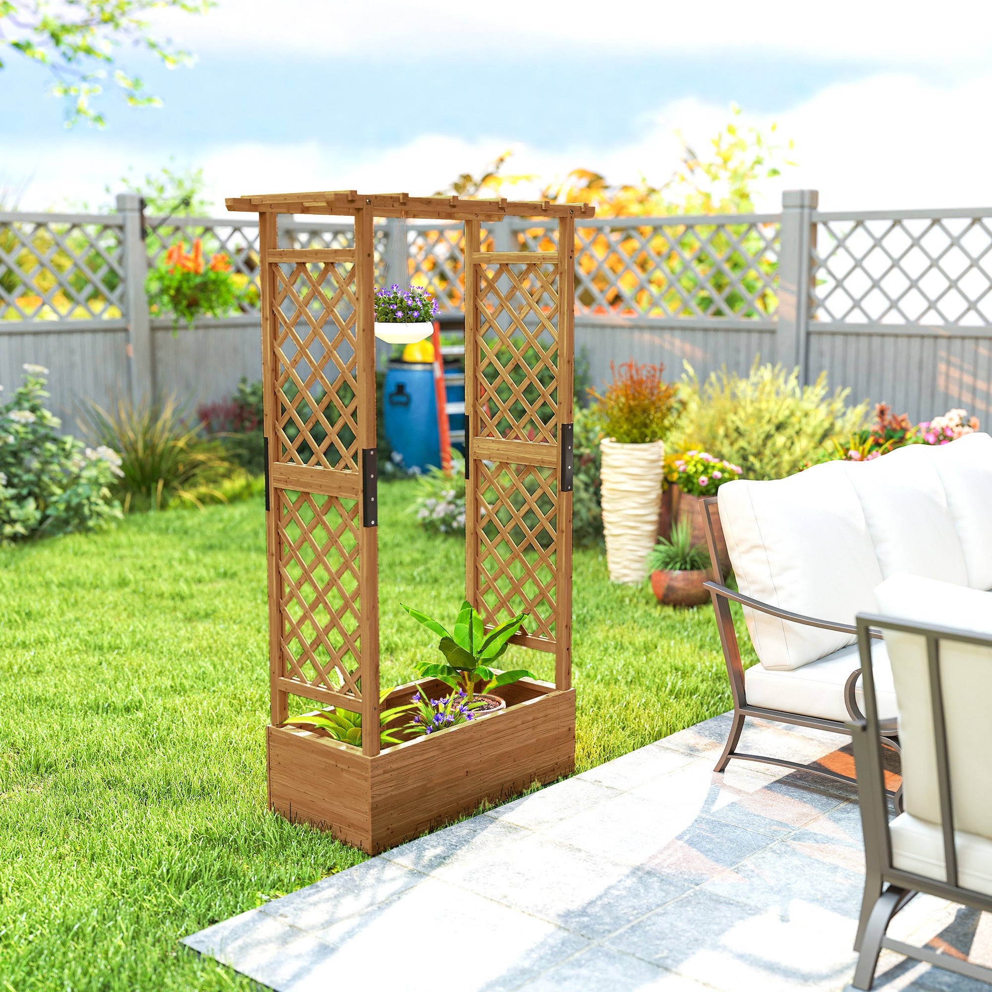 Raised Bed with Trellis & Hanging Roof — Wooden Planter Box with Climbing Support and Drainage Holes, for Garden & Balcony, 110 × 44 × 181 cm (43.3 × 17.3 × 71.3 in)