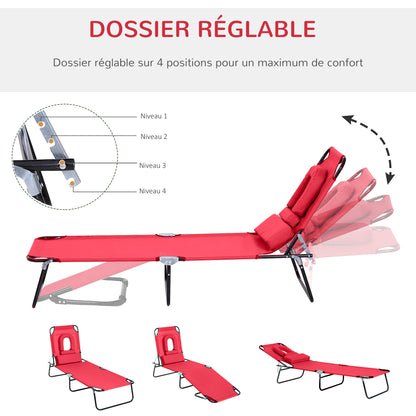 Folding Sun Lounger Reclining 4 Positions Chaise Longue 3 Cushions Provided Red