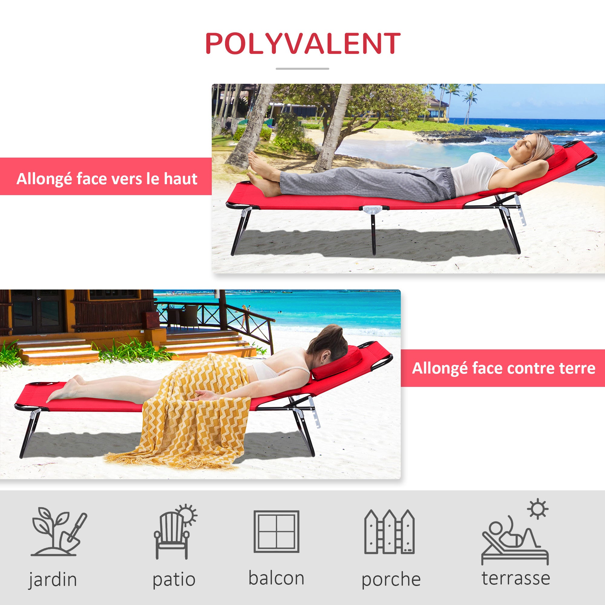 Folding Sun Lounger Reclining 4 Positions Chaise Longue 3 Cushions Provided Red
