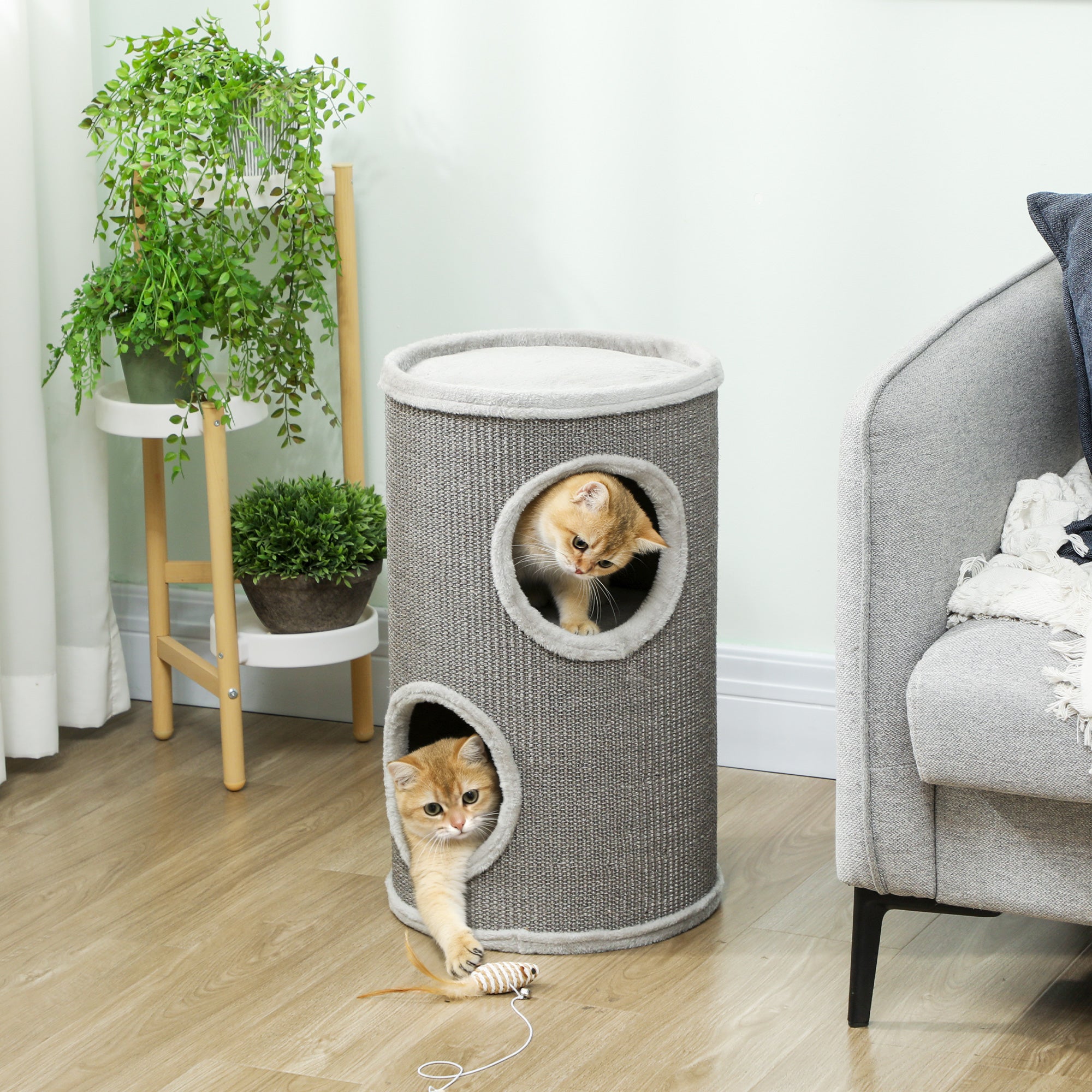 Barrel Cat Scratcher, 60 cm H x 35 cm Ø – Two-Level Cat Tower with 2 Hideouts, Plush-Edged Scratcher for 1–2 Cats up to 5 kg, Light Gray