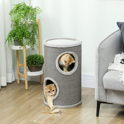 Barrel Cat Scratcher, 60 cm H x 35 cm Ø – Two-Level Cat Tower with 2 Hideouts, Plush-Edged Scratcher for 1–2 Cats up to 5 kg, Light Gray
