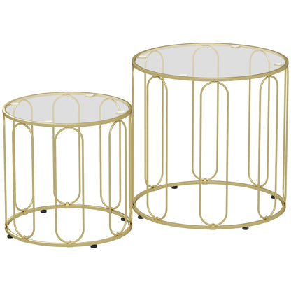 Round Nesting Side Tables Set of 2 with Metal Frame and Glass Top Small Coffee Tables for Living Room Gold