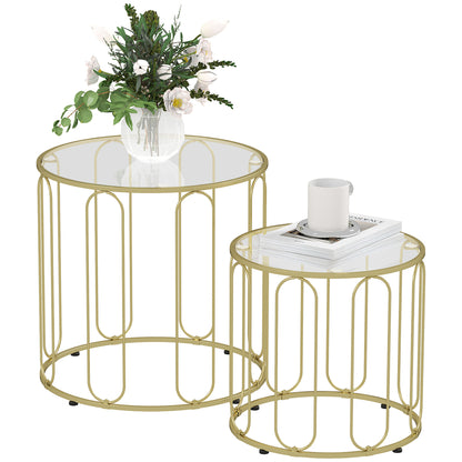 Round Nesting Side Tables Set of 2 with Metal Frame and Glass Top Small Coffee Tables for Living Room Gold
