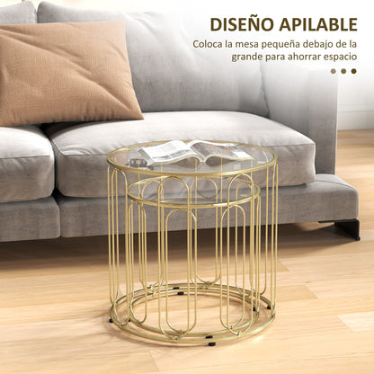 Round Nesting Side Tables Set of 2 with Metal Frame and Glass Top Small Coffee Tables for Living Room Gold