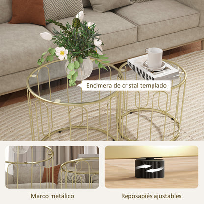 Round Nesting Side Tables Set of 2 with Metal Frame and Glass Top Small Coffee Tables for Living Room Gold