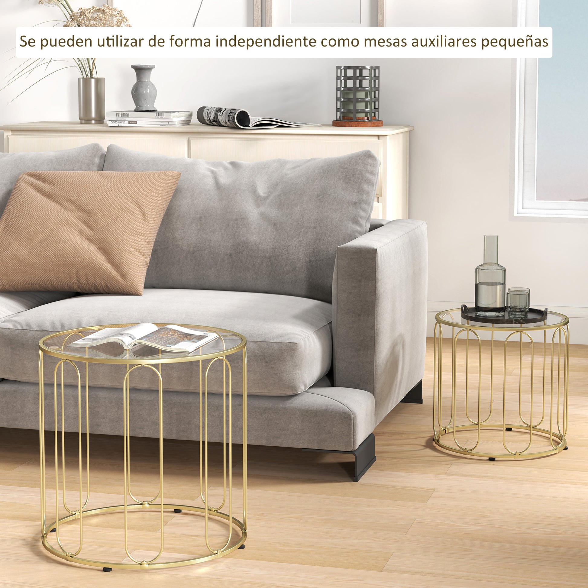 Round Nesting Side Tables Set of 2 with Metal Frame and Glass Top Small Coffee Tables for Living Room Gold