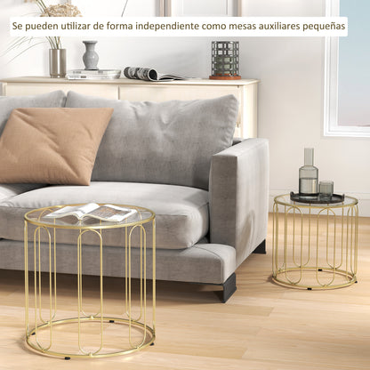 Round Nesting Side Tables Set of 2 with Metal Frame and Glass Top Small Coffee Tables for Living Room Gold