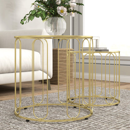 Round Nesting Side Tables Set of 2 with Metal Frame and Glass Top Small Coffee Tables for Living Room Gold