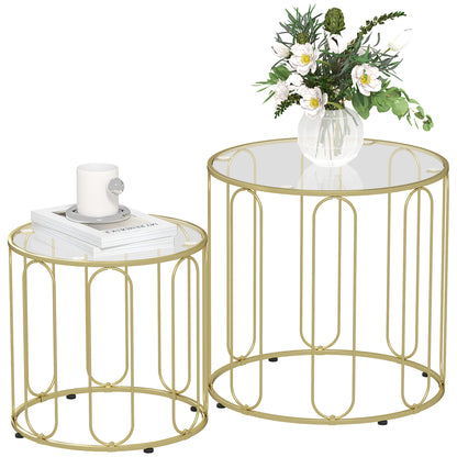 Round Nesting Side Tables Set of 2 with Metal Frame and Glass Top Small Coffee Tables for Living Room Gold