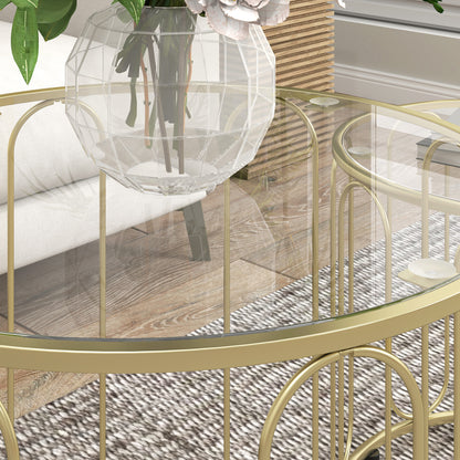 Round Nesting Side Tables Set of 2 with Metal Frame and Glass Top Small Coffee Tables for Living Room Gold